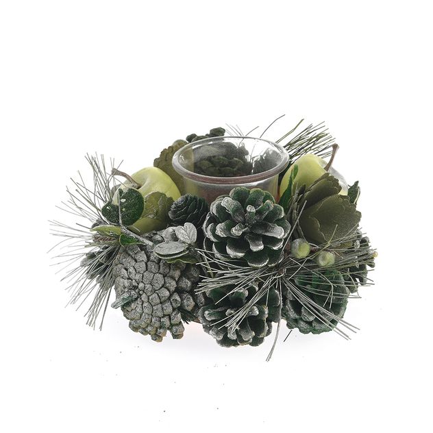 Suport lumanare decorativ cu mere verzi, conuri si frunze glazurate 18 cm