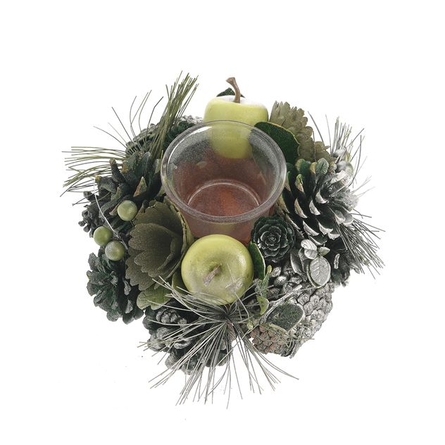 Suport lumanare decorativ cu mere verzi, conuri si frunze glazurate 18 cm