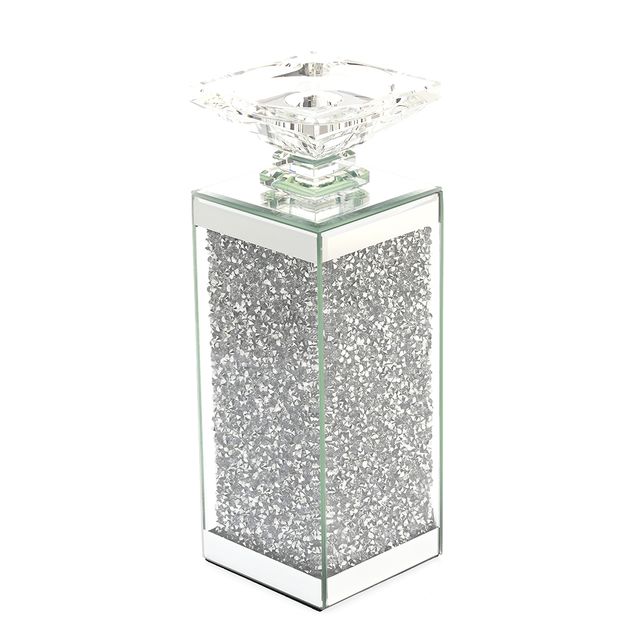 Suport decorativ pentru lumanare cu finisaj oglinda si sclipici argintiu 25 cm