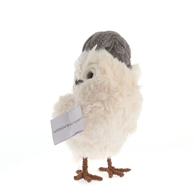 Statueta decorativa bufnita alba pufoasa cu caciula gri si scrisoare 20 cm