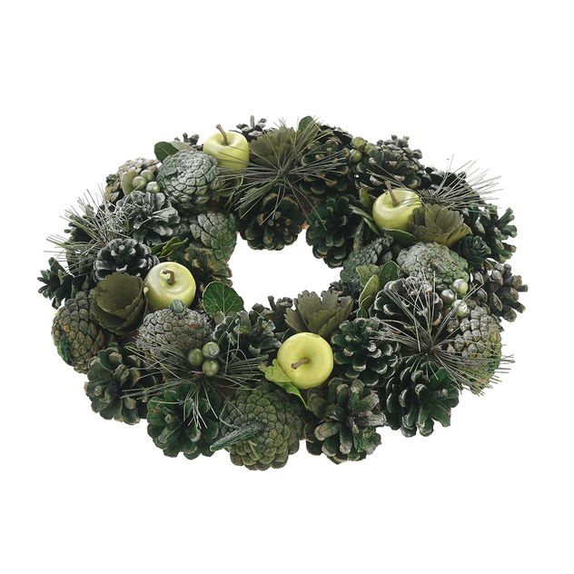 Coronita decorativa de Craciun cu conuri, mere verzi si accente glazurate 25 cm