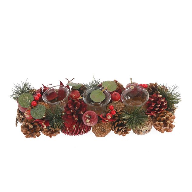 Suport lumanari Craciun cu 3 recipiente, conuri si decor rosu-auriu 37 cm