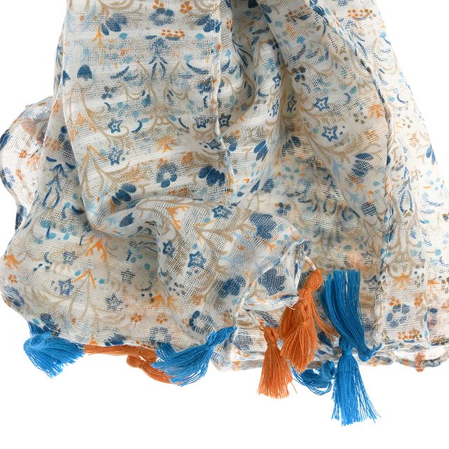 Esarfa florala din vascoza in tonuri pastel cu ciucuri decorativi