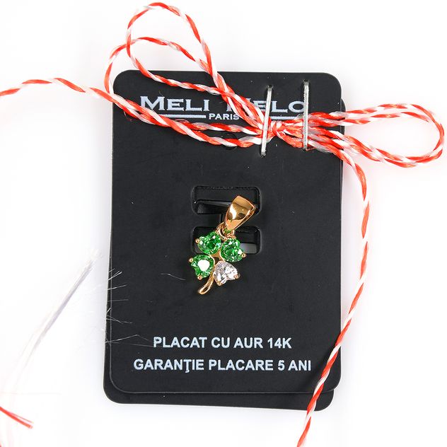 Pandantiv placat cu aur trifoi cu pietre verzi