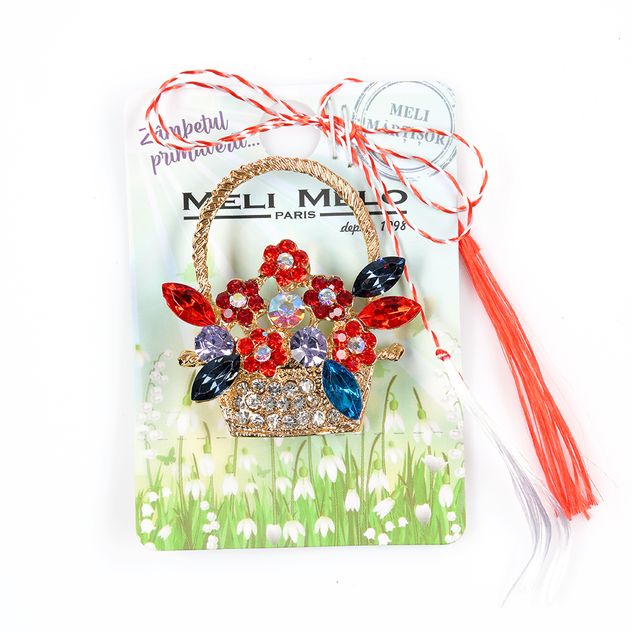 Brosa martisor cos cu flori in nuante de rosu