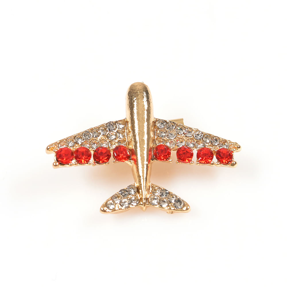 Brosa martisor avion auriu cu pietre rosii