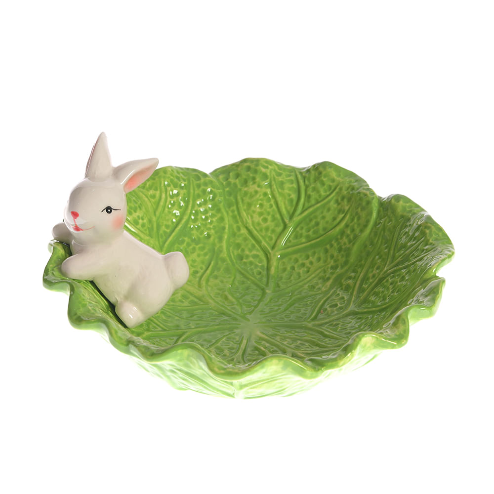 Bol decorativ Paste tip frunza verde cu iepuras din ceramica