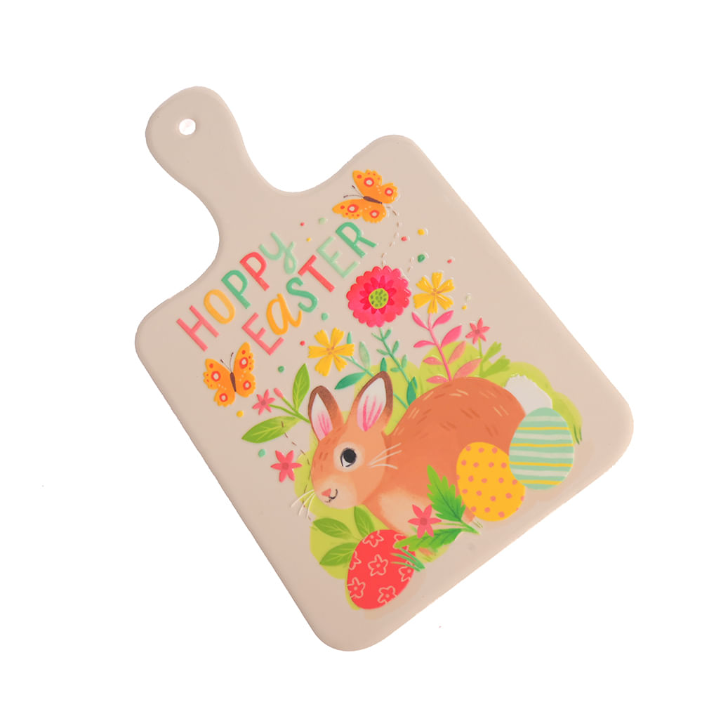 Platou decorativ tip tocator Happy Easter cu iepuras si oua colorate