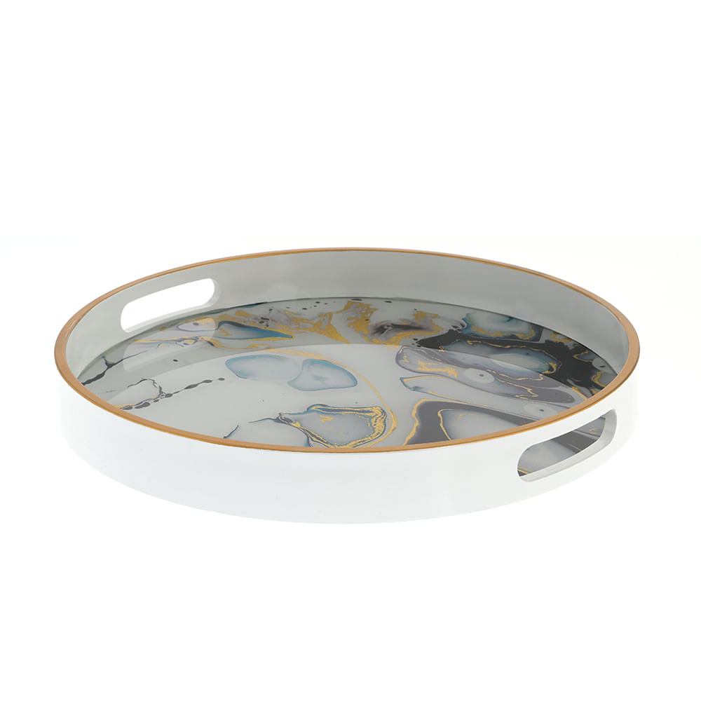 Tava decorativa rotunda cu model marmorat si margine aurie 35 cm