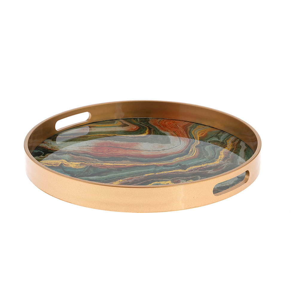 Tava decorativa rotunda cu finisaj auriu si model marmorat multicolor 39.5 cm
