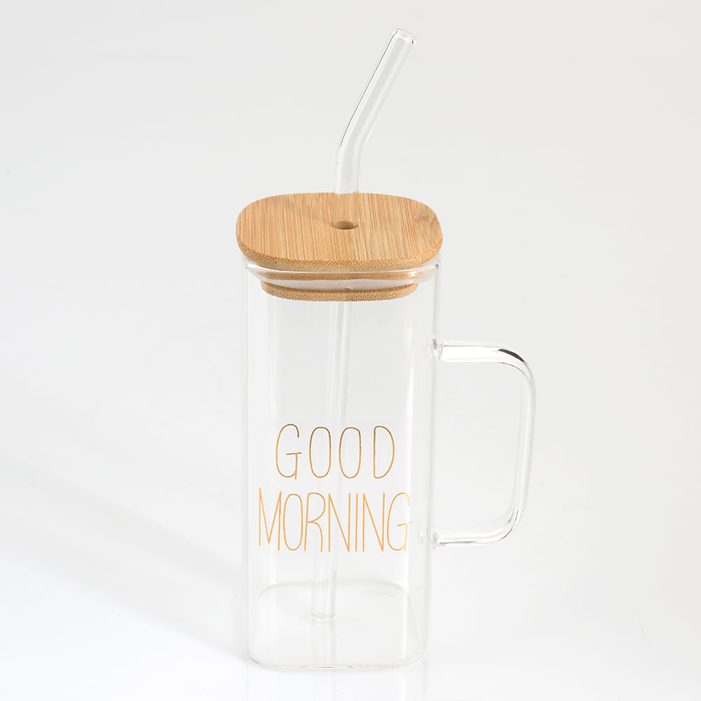 Cana transparenta cu capac si pai Good morning