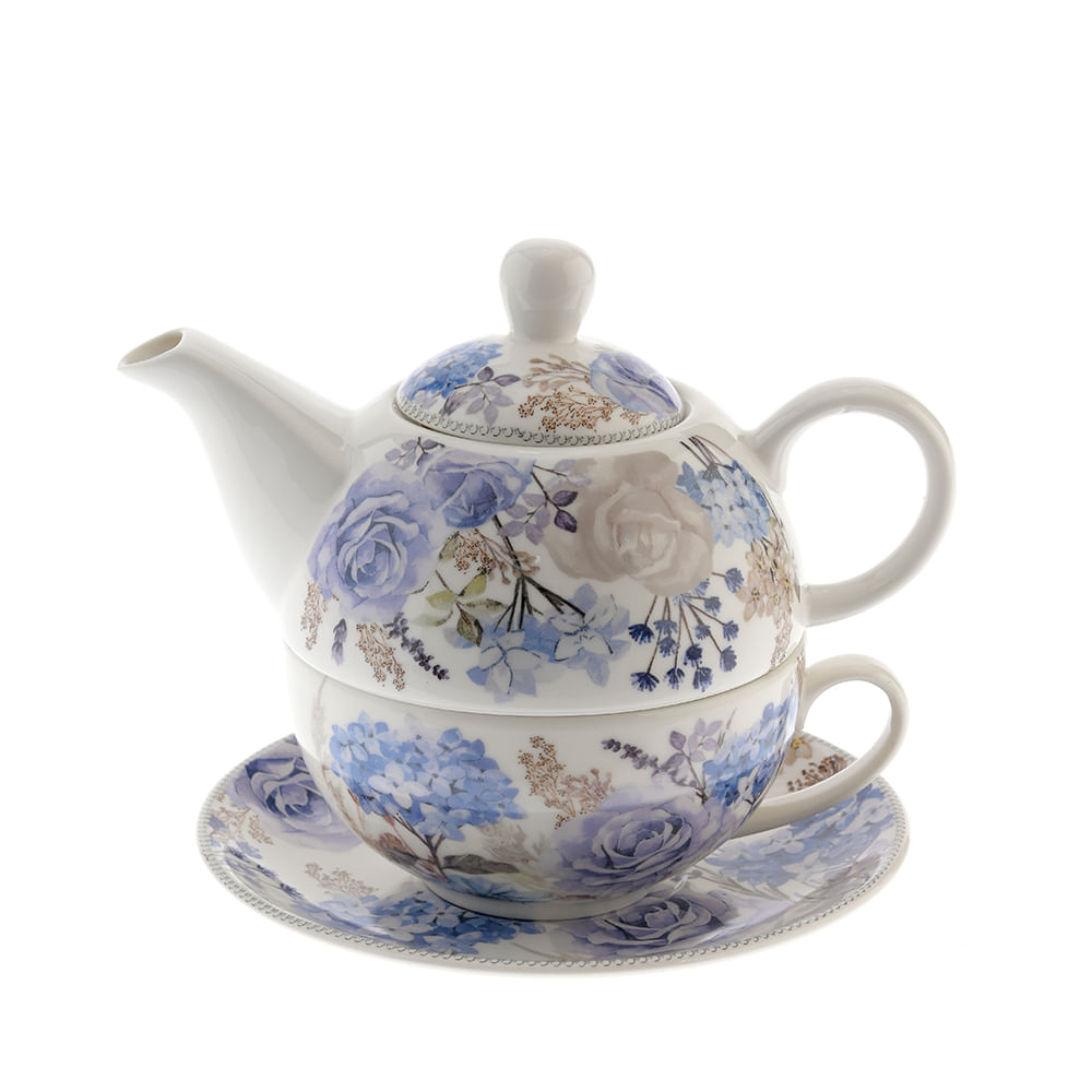 Set ceainic cu cana si farfurioara cu imprimeu floral albastru
