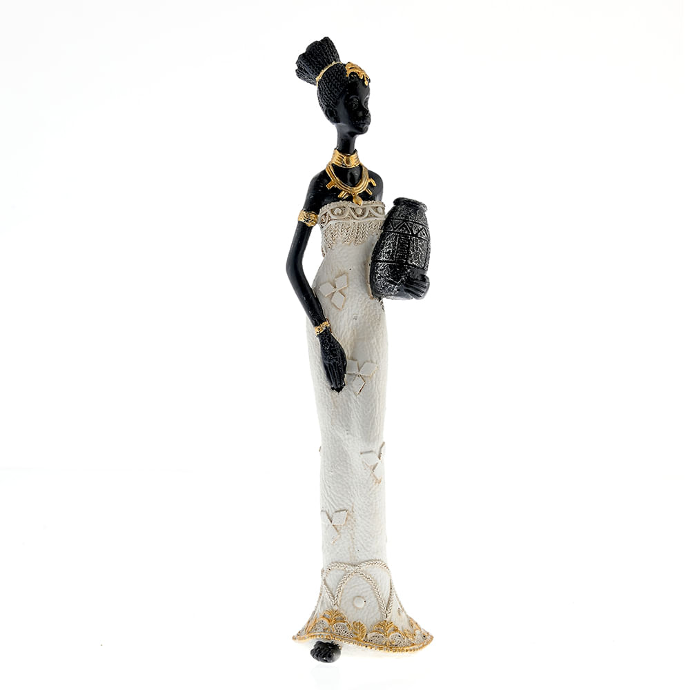 Statueta femeie africana cu vas ornamental negru si ivoire