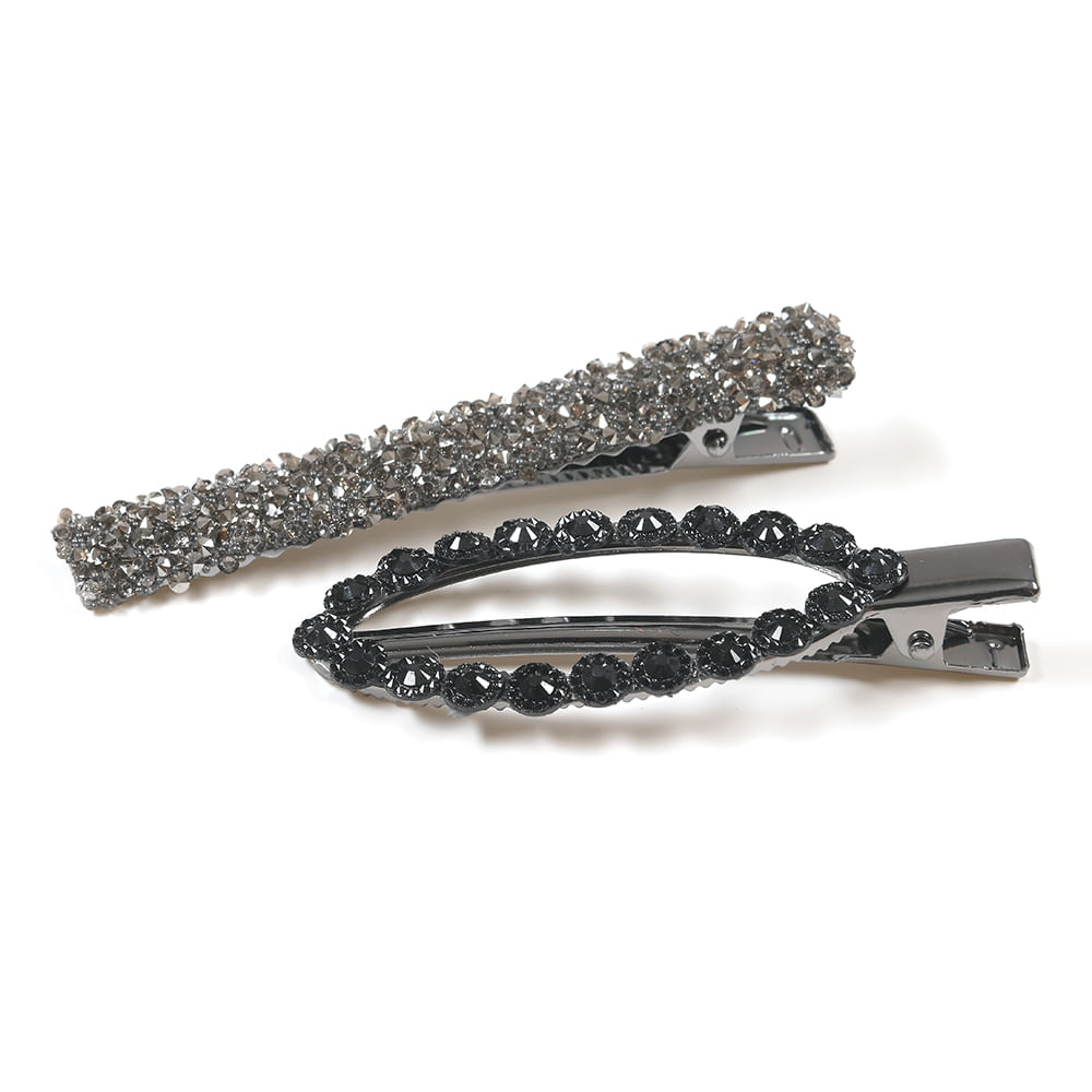 Set 2 agrafe de par cu pietre negre si gri