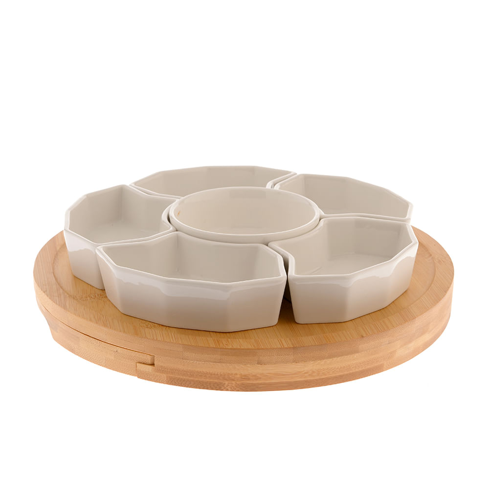 Set aperitive cu 6 recipiente, tava si ustensile din bambus
