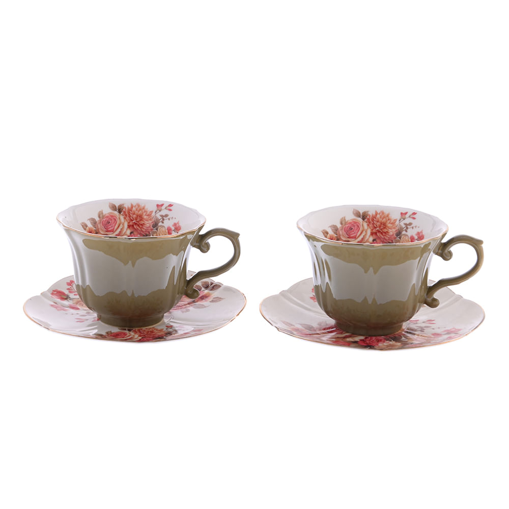 Set ceai 2 persoane cu cesti si farfurii model floral