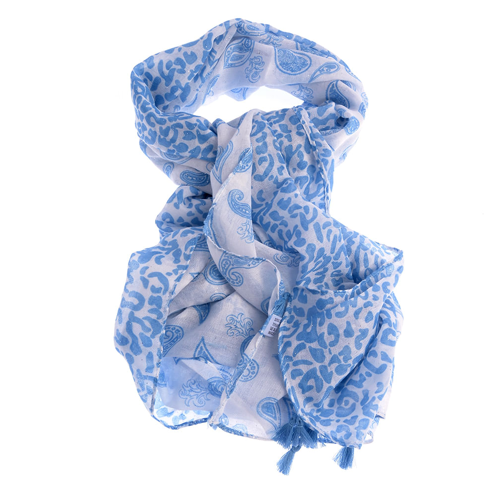 Esarfa bleu  cu imprimeu paisley si ciucuri