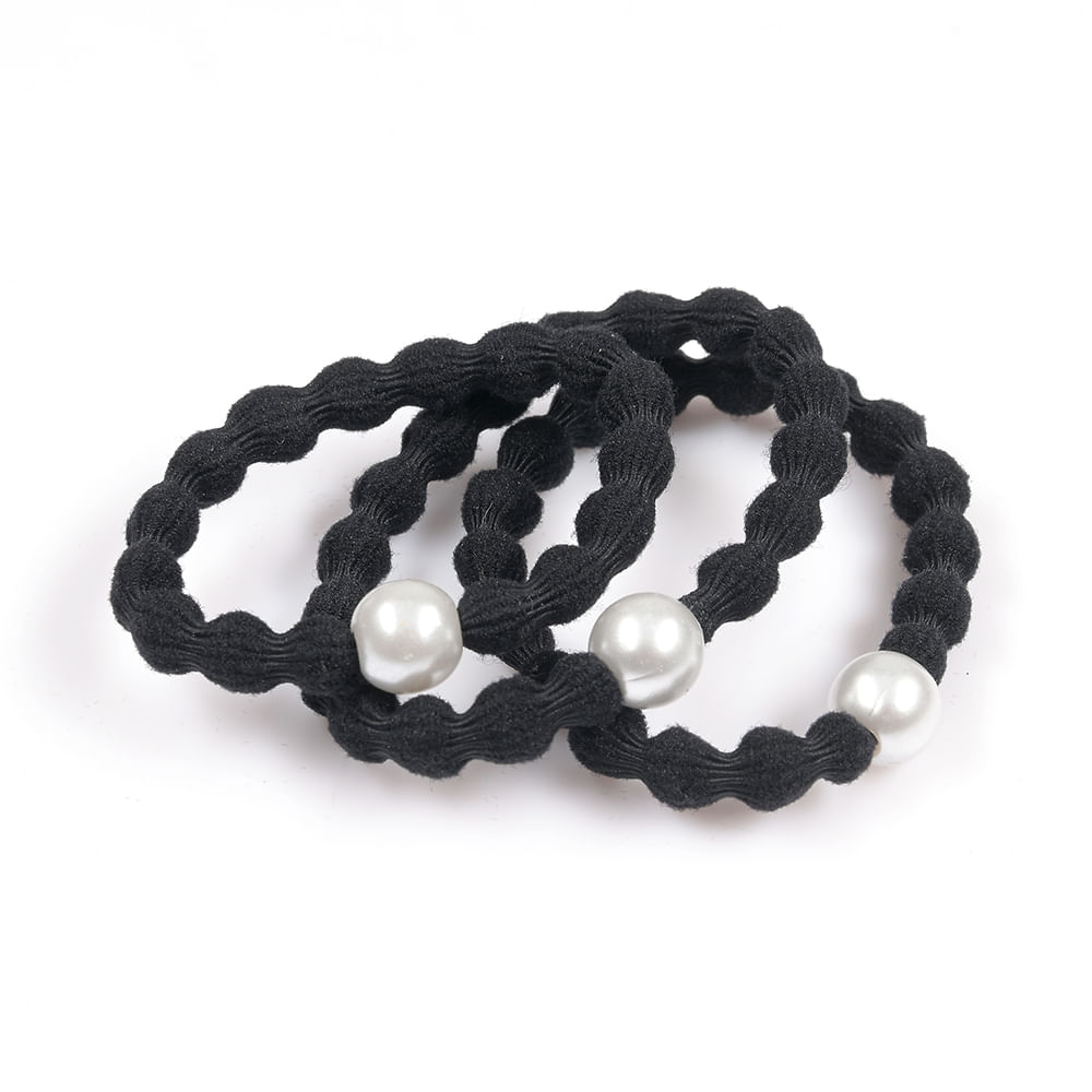 Set 3 elastice de par negre cu perla alba