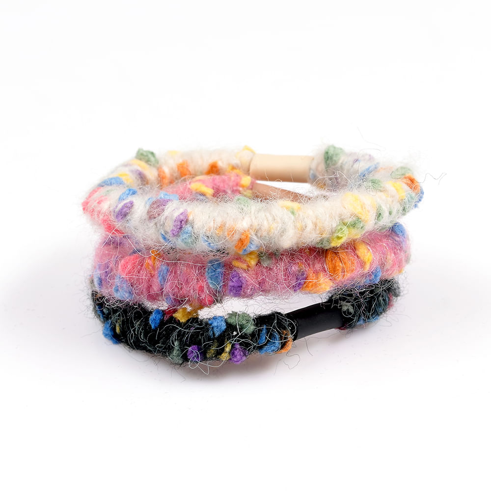 Set 3 elastice de par rotunde pufoase alb roz negru