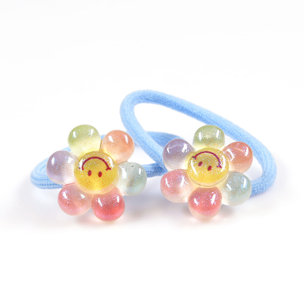 Set 2 elastice de par albastre cu flori multicolore