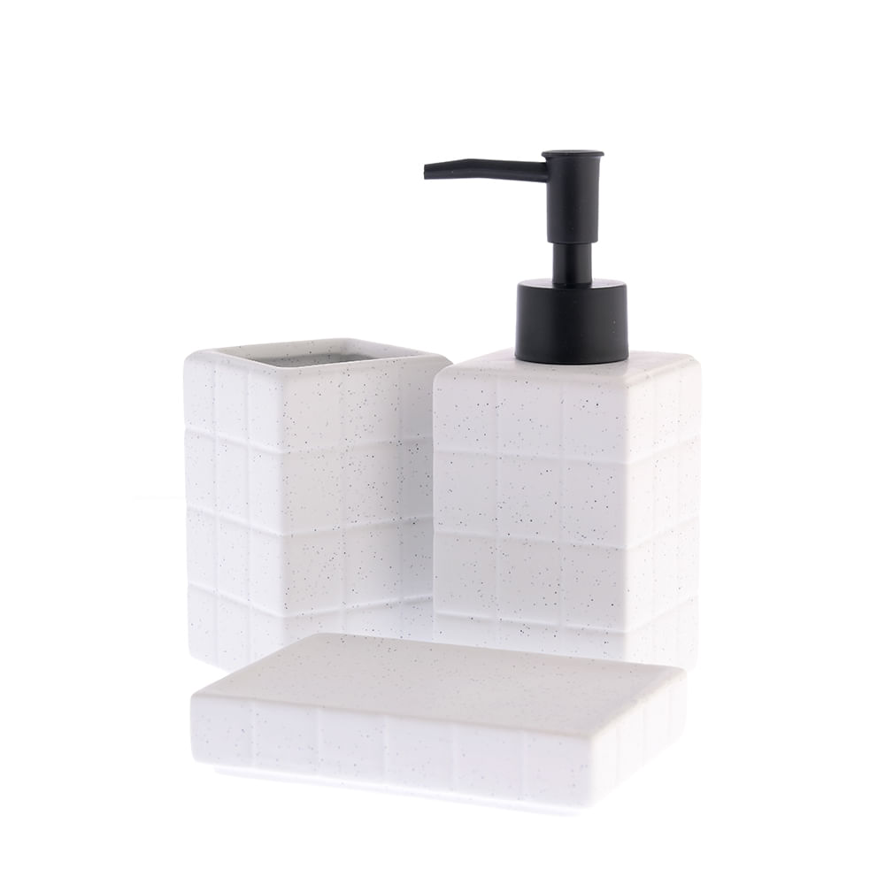 Set accesorii baie 3 piese alb, relief geometric si pompa neagra